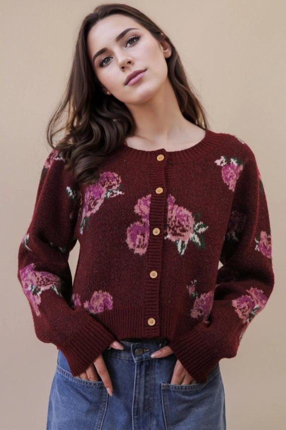 wine floral cardigan