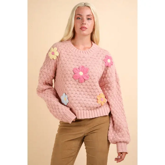 Blush Colored Flower Knit Sweater