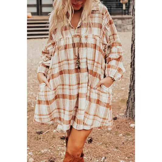 Brown and White Plaid Dress