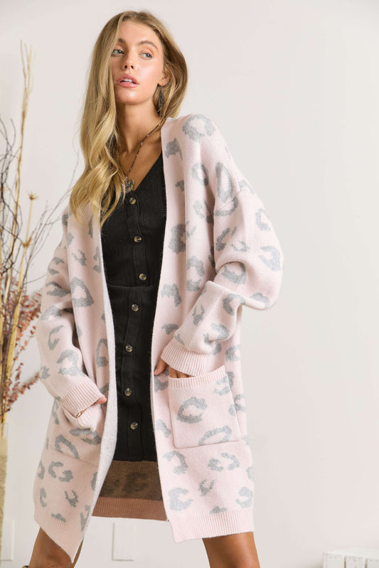 Pink and Gray leopard print Cardigan