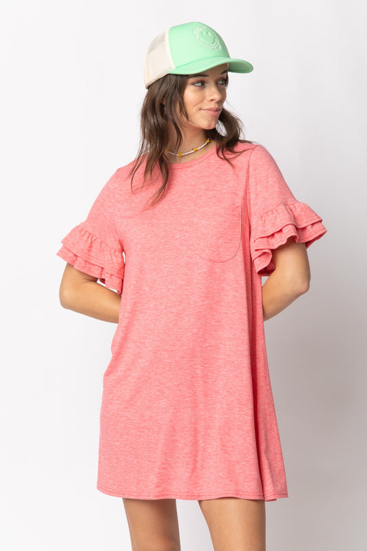 Coral ruffle sleeve T shirt dress