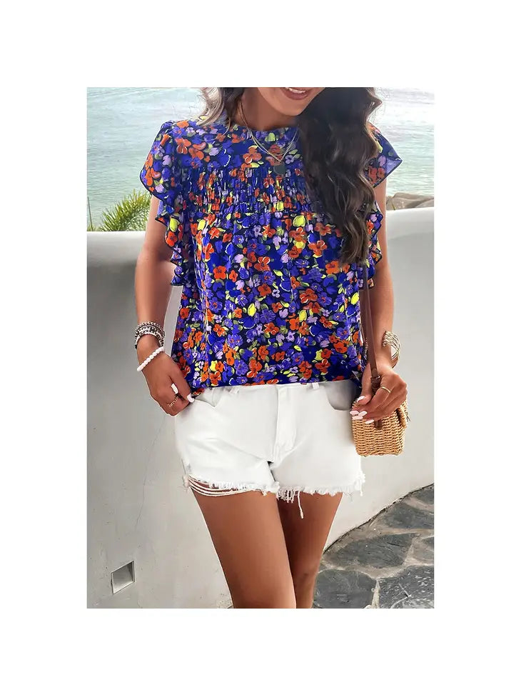 Purple Floral Print Flutter Sleeve Top